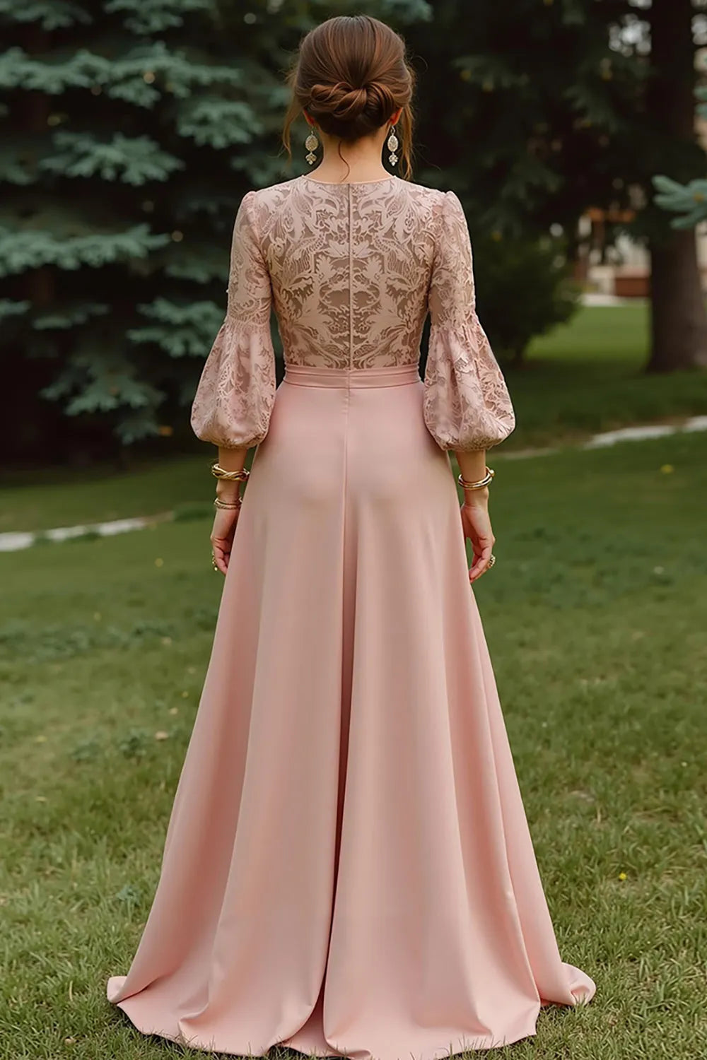 Romantic A-Line Illusion Neck Bishop Sleeve Button-Back Floor-Length Mother of the Bride Dresses