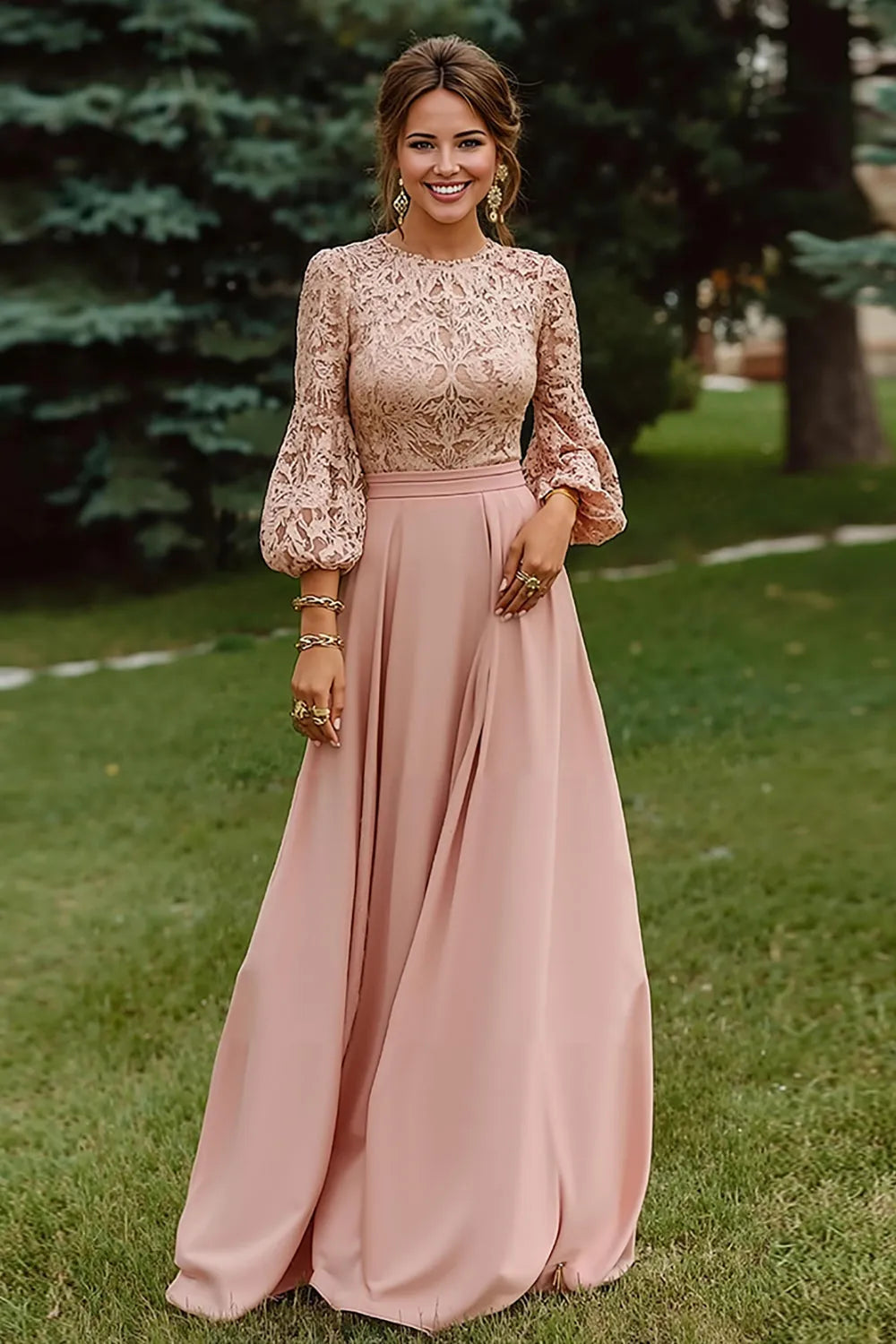 Romantic A-Line Illusion Neck Bishop Sleeve Button-Back Floor-Length Mother of the Bride Dresses