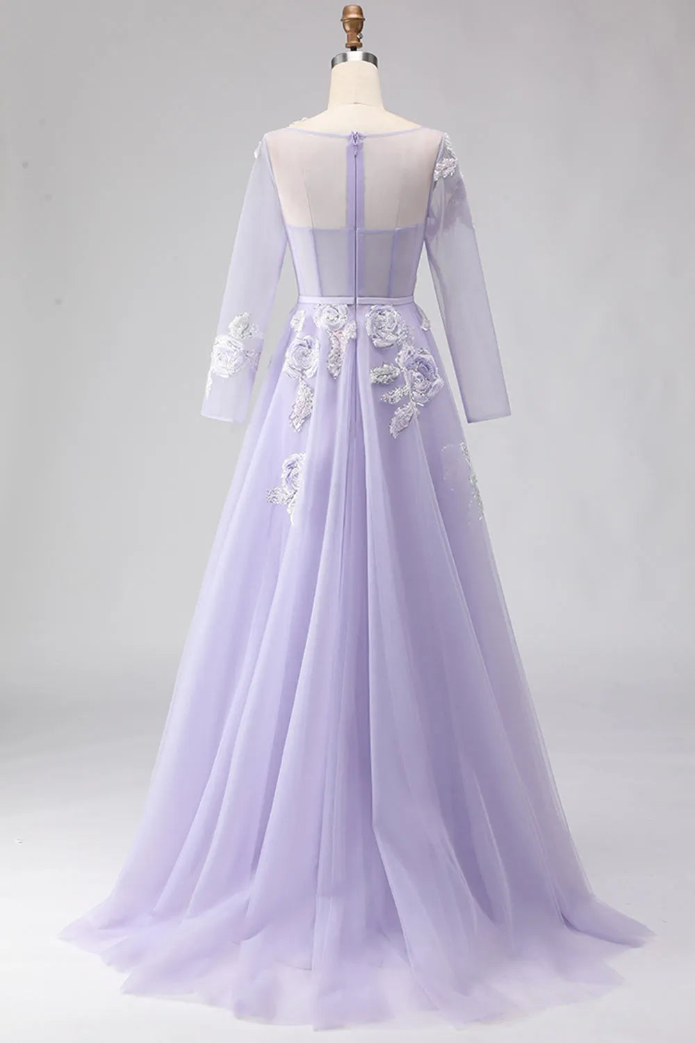 Romantic A-Line Illusion Neck Long Sleeve Embroidered Floor Length Prom Dresses