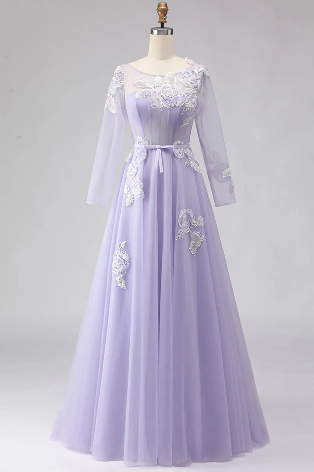 Romantic A-Line Illusion Neck Long Sleeve Embroidered Floor Length Prom Dresses