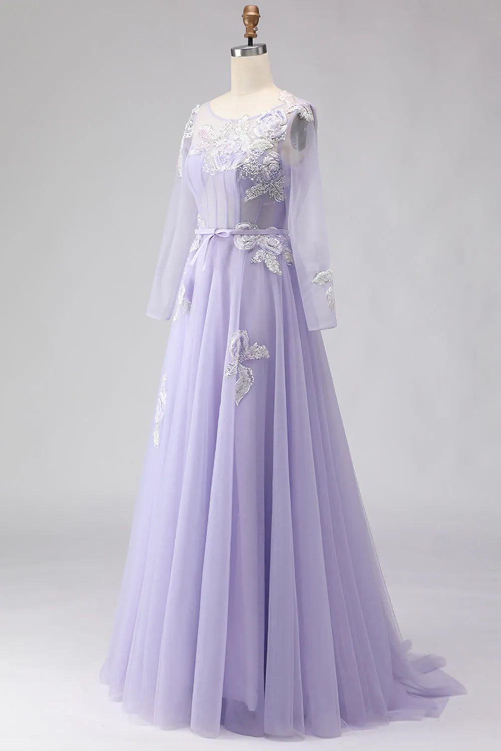 Romantic A-Line Illusion Neck Long Sleeve Embroidered Floor Length Prom Dresses