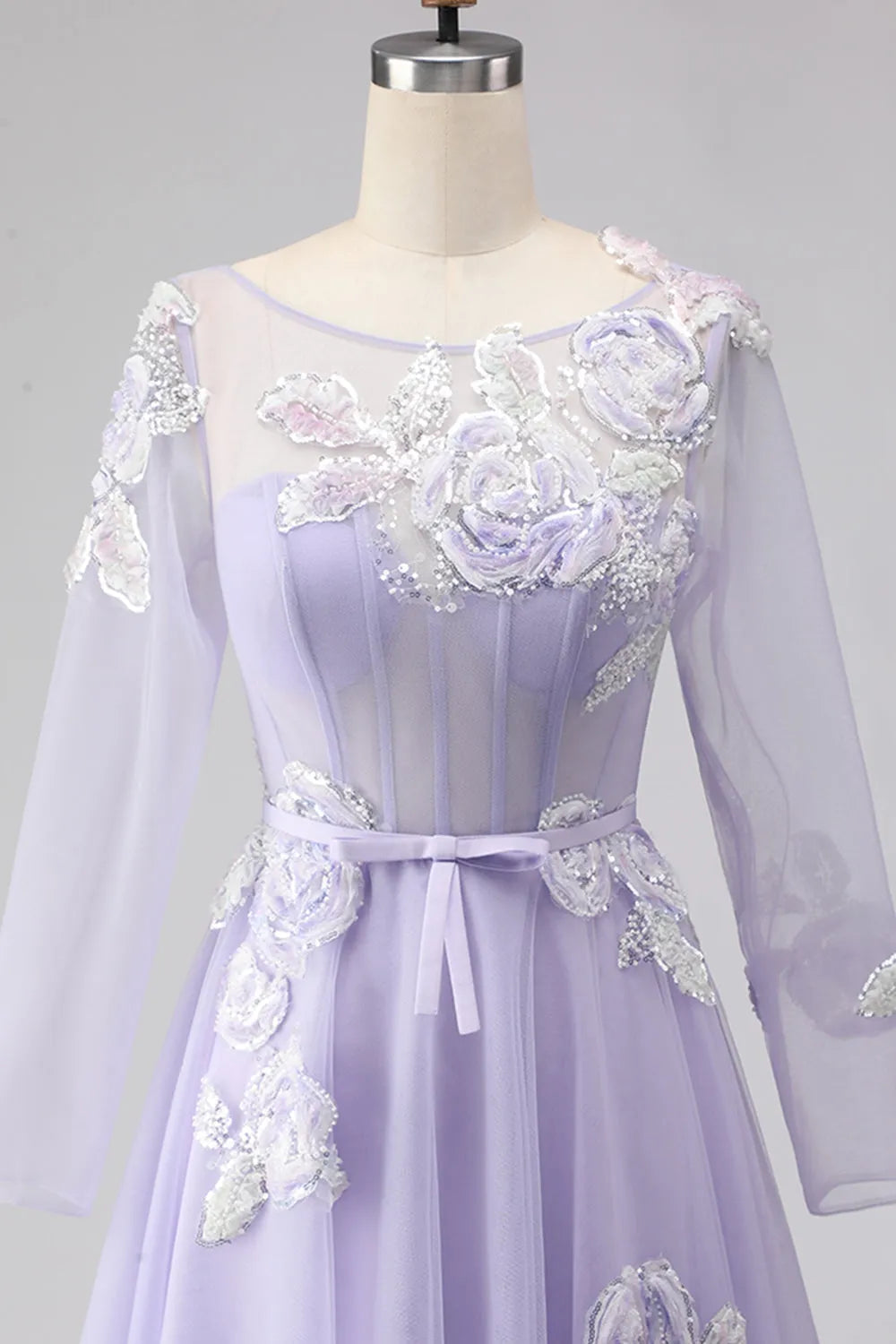Romantic A-Line Illusion Neck Long Sleeve Embroidered Floor Length Prom Dresses