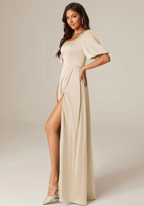 Romantic A-Line Square Neck Puff-Sleeve Zip Back Long Bridesmaid Dresses