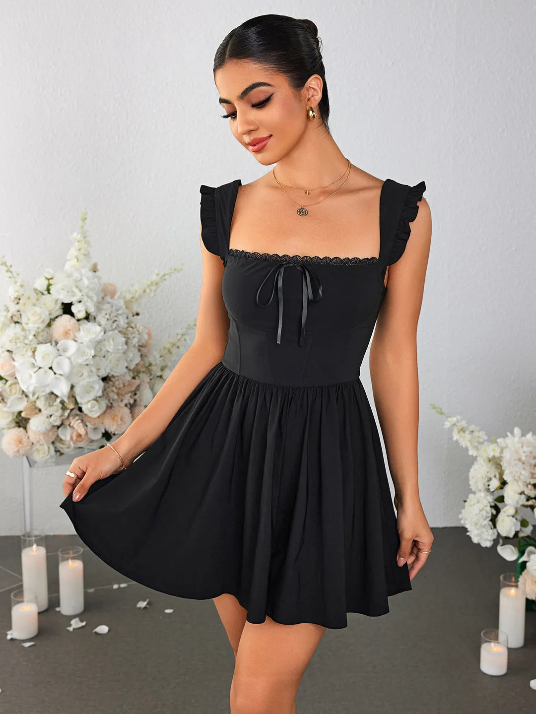 Romantic A-Line Square Neck Ruffled Sleeve Open Back Mini Homecoming Dresses
