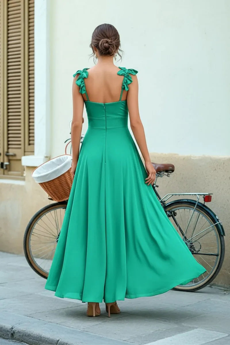 Romantic A-Line Square Neck Spaghetti Strap Ruffle Floor-Length Prom Dresses