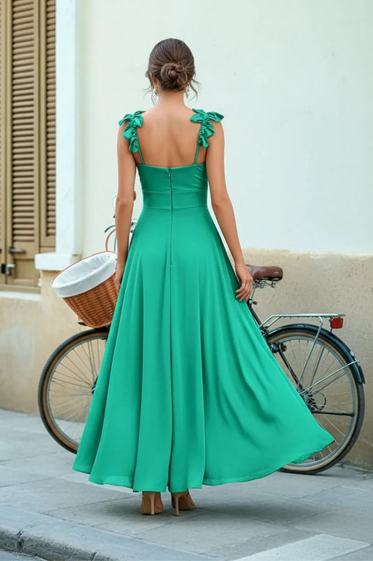 Romantic A-Line Square Neck Spaghetti Strap Ruffle Floor-Length Prom Dresses