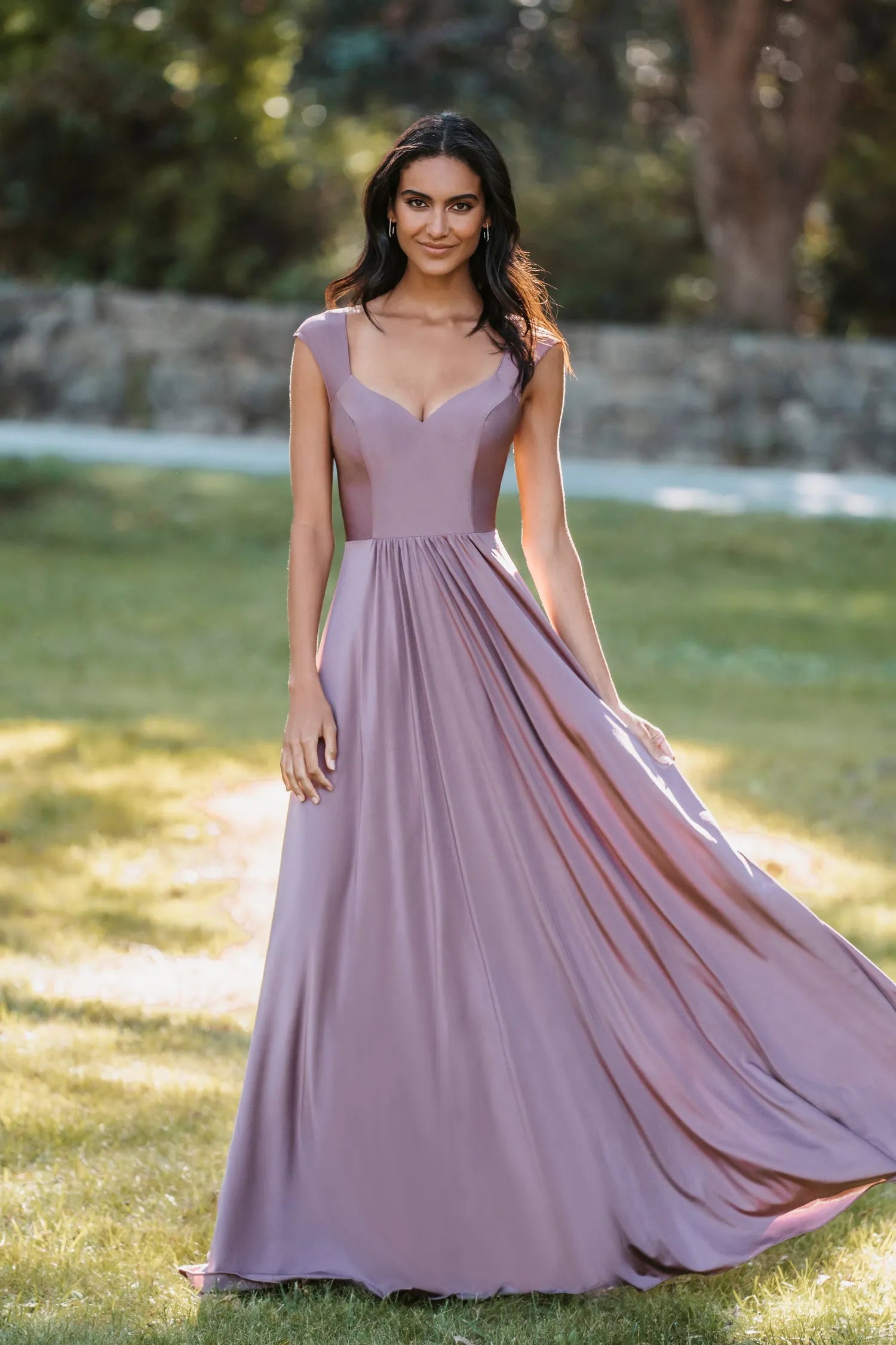 Romantic A-Line Sweetheart Cap-Sleeve Keyhole Back Long Bridesmaid Dresses