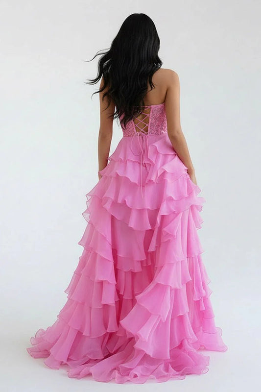 Romantic A-Line Sweetheart Neck Sleeveless Lace Up Back Ruffle Tiered Floor Length Prom Dresses