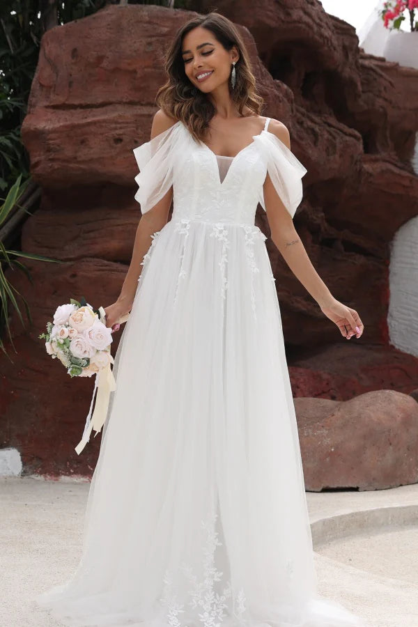 Romantic A-Line V-Neck Cold-Shoulder Lace-Up-Back Chapel-Train Wedding Dresses