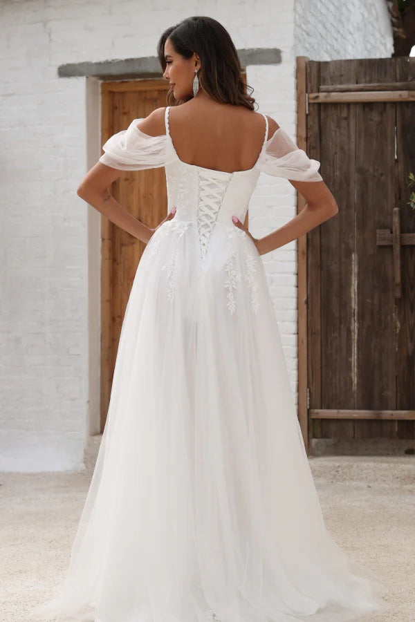 Romantic A-Line V-Neck Cold-Shoulder Lace-Up-Back Chapel-Train Wedding Dresses
