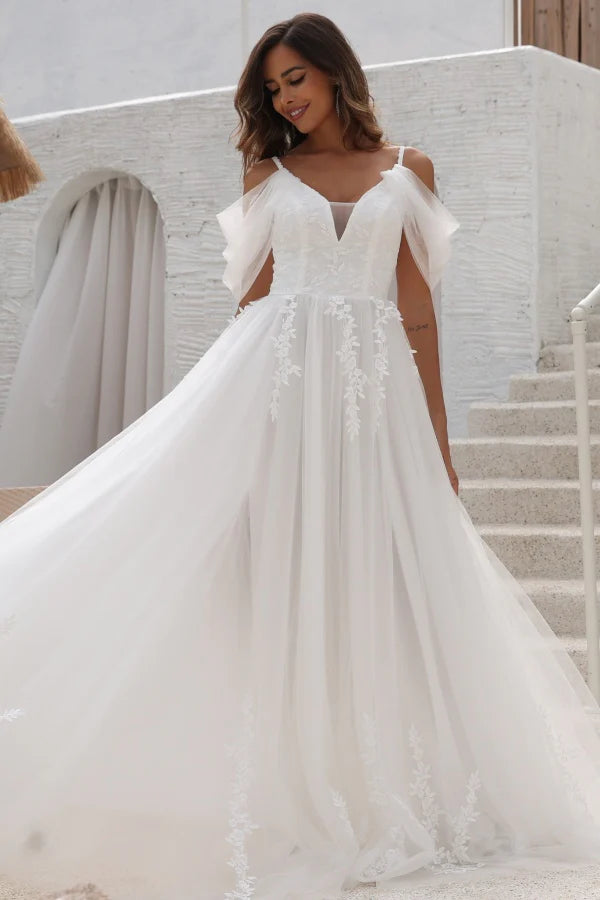 Romantic A-Line V-Neck Cold-Shoulder Lace-Up-Back Chapel-Train Wedding Dresses