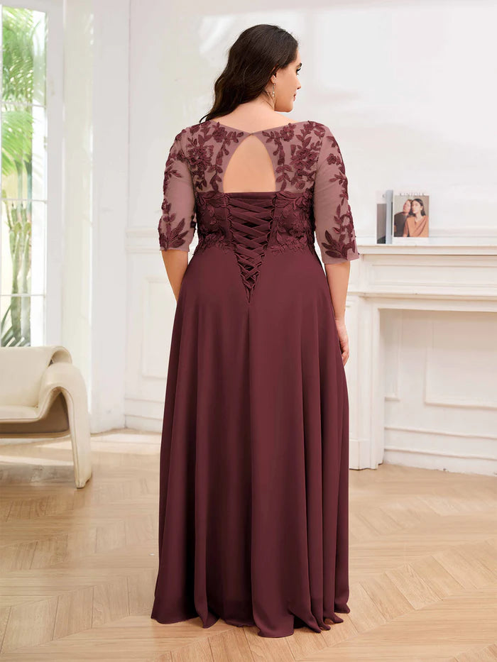 Romantic A-Line V-Neck Half-Sleeve Lace-Up-Back Floor-Length Plus Size Dresses
