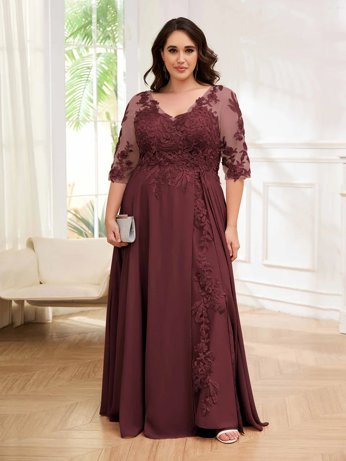 Romantic A-Line V-Neck Half-Sleeve Lace-Up-Back Floor-Length Plus Size Dresses
