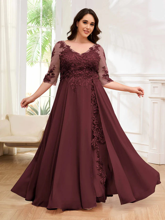 Romantic A-Line V-Neck Half-Sleeve Lace-Up-Back Floor-Length Plus Size Dresses