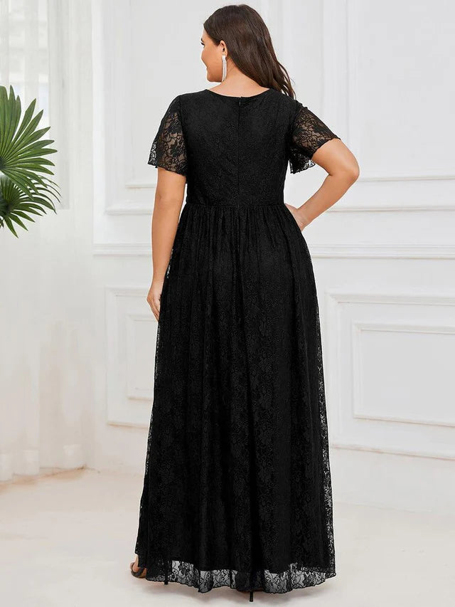 Romantic A-Line V-Neck Short-Sleeve Lace-Back High-Low Plus Size Dresses