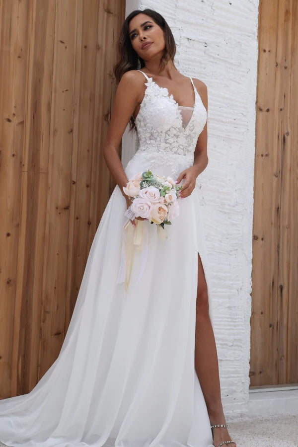 Romantic A-Line V-Neck Spaghetti-Strap Lace-Back Chapel-Train Wedding Dresses