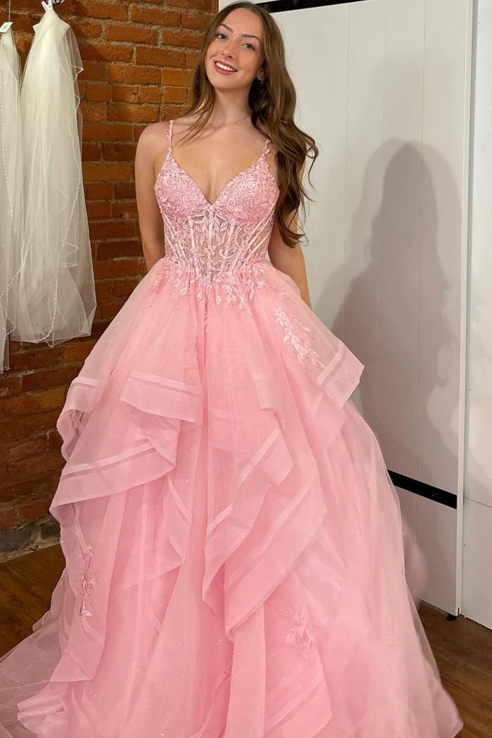 Romantic A-Line V Neck Spaghetti Strap Sleeveless Lace Back Pleated Ruffles Appliques Long Prom Dresses