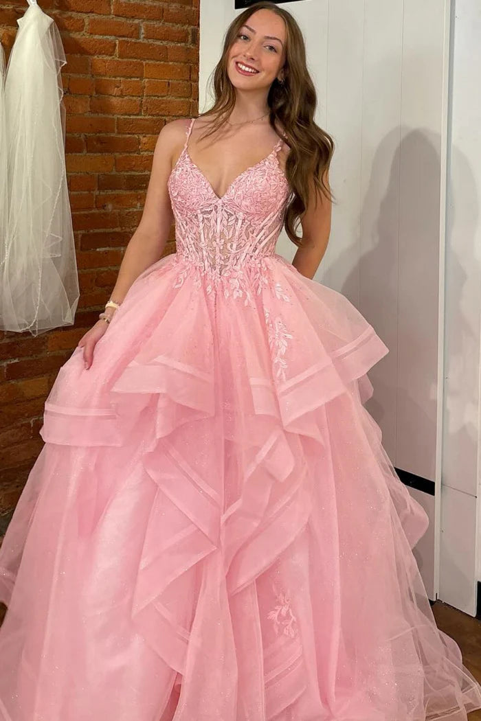 Romantic A-Line V Neck Spaghetti Strap Sleeveless Lace Back Pleated Ruffles Appliques Long Prom Dresses