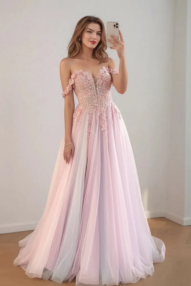 Romantic Ball Gown Sweetheart Neck Off-The-Shoulder Lace Back Floor-Length Prom Dresses