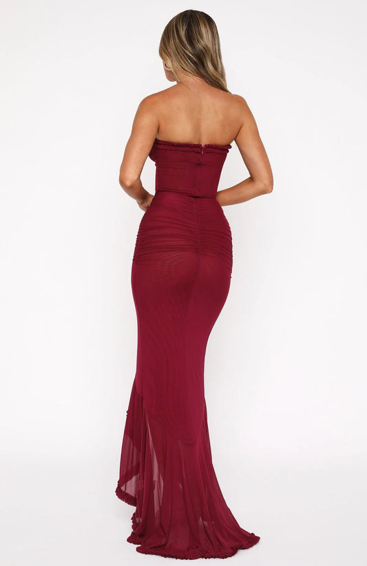 Romantic Burgundy Sheath Strapless Sleeveless Solid Back High Low Prom Dresses
