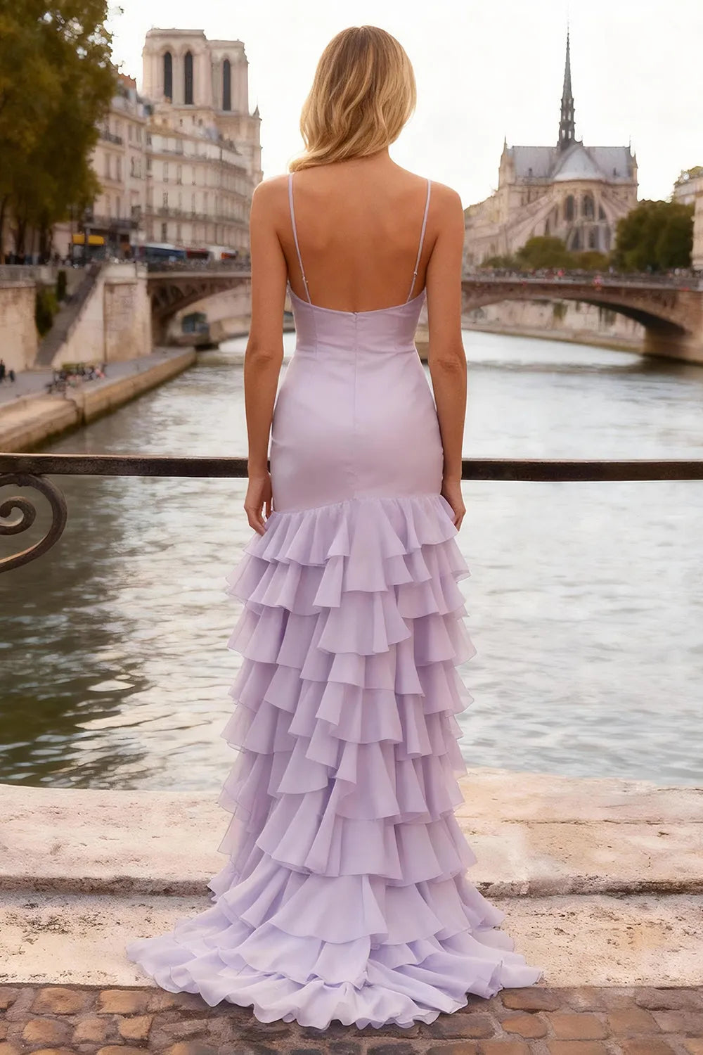 Romantic Light Purple Mermaid Sweetheart Neck Spaghetti Strap Zipper Back Tiered Ruffled Chiffon Prom Dresses with Slit