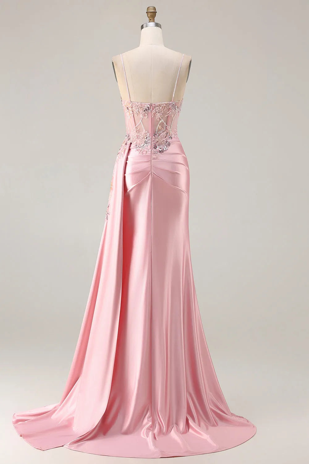 Romantic Pink Mermaid Deep V Neck Spaghetti Strap Lace Back Satin Prom Dresses with Sequin