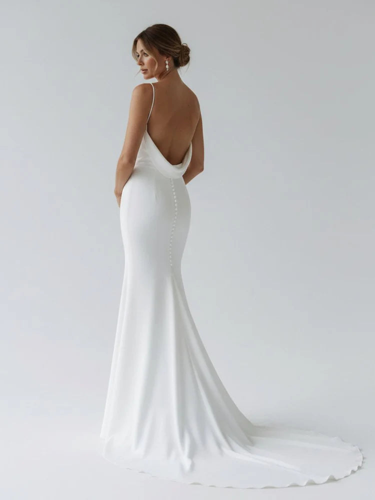 Sleek Mermaid V-Neck Spaghetti-Strap Cowl-Back Chapel-Train Wedding Dresses