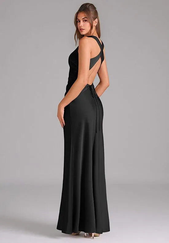 Sleek Trumpet High Neck Sleeveless Tie Back Long Bridesmaid Dresses