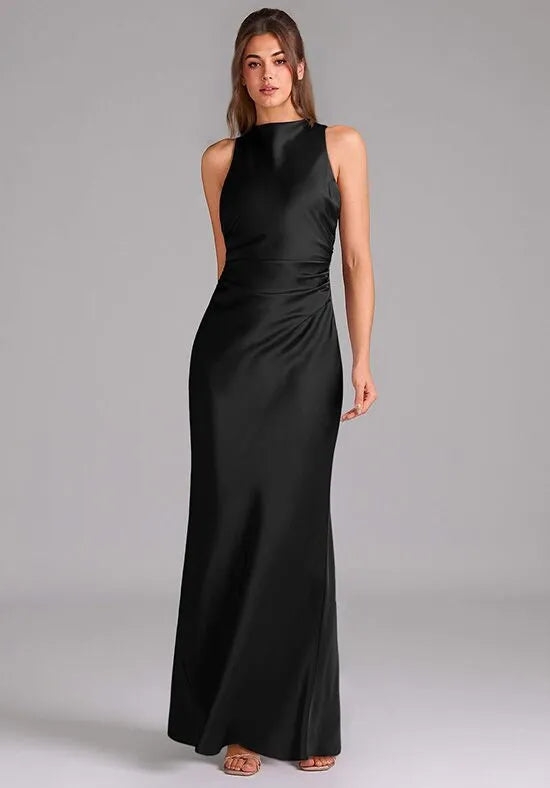 Sleek Trumpet High Neck Sleeveless Tie Back Long Bridesmaid Dresses