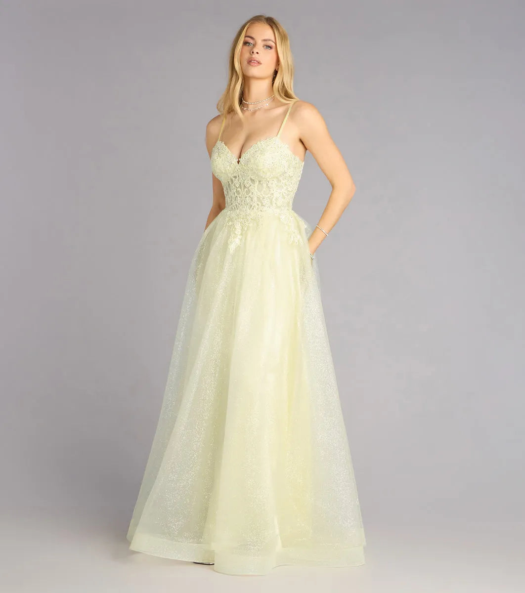 Sparkly A-Line Sweetheart Spaghetti-Strap Open-Back Floor-Length Prom Dresses