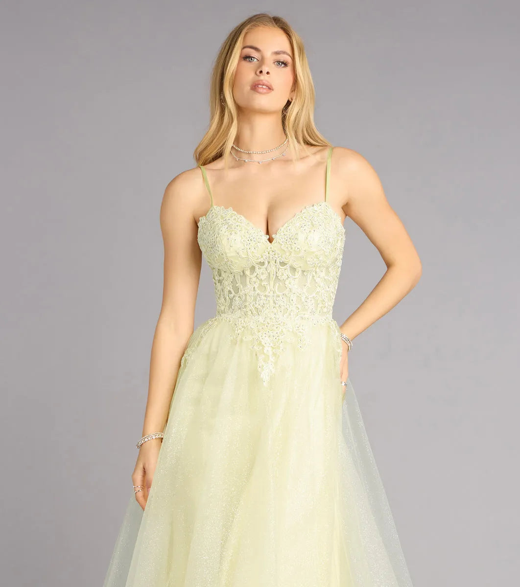 Sparkly A-Line Sweetheart Spaghetti-Strap Open-Back Floor-Length Prom Dresses