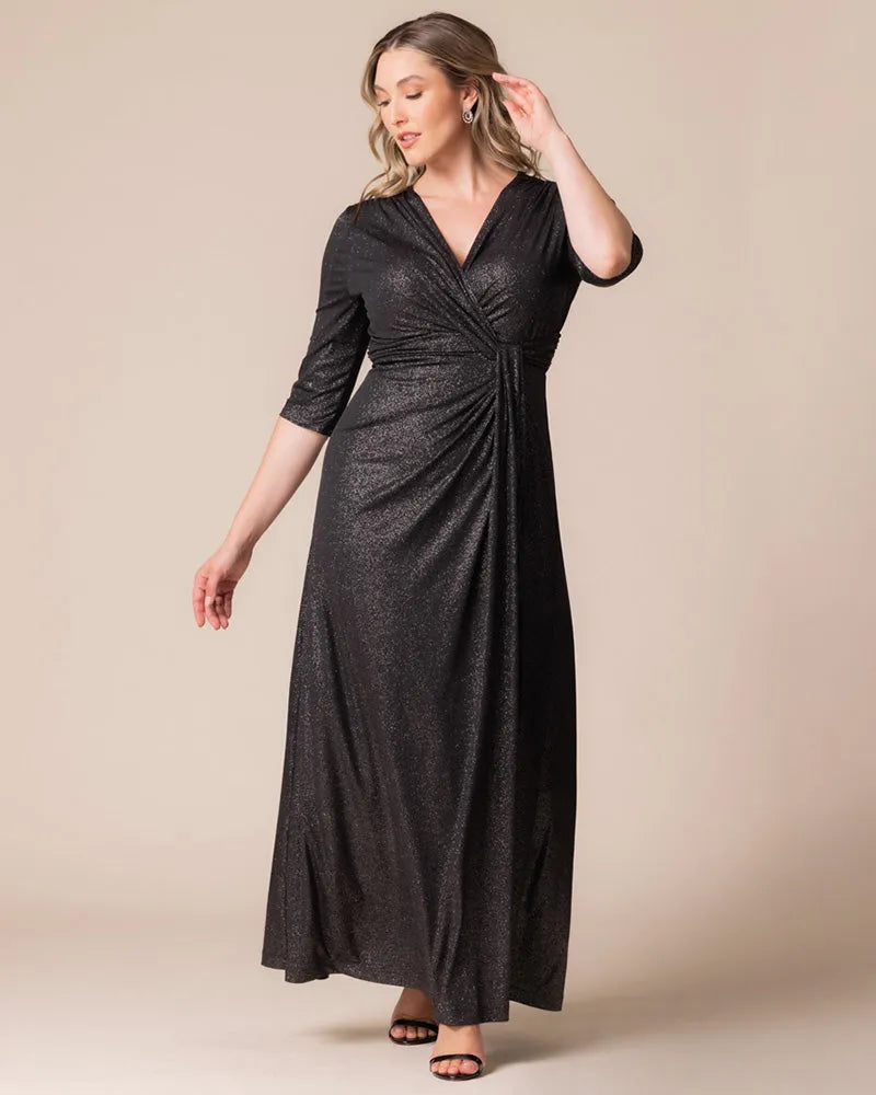 Sparkly A-Line V-Neck Half-Sleeve Open-Back Floor-Length Plus Size Dresses