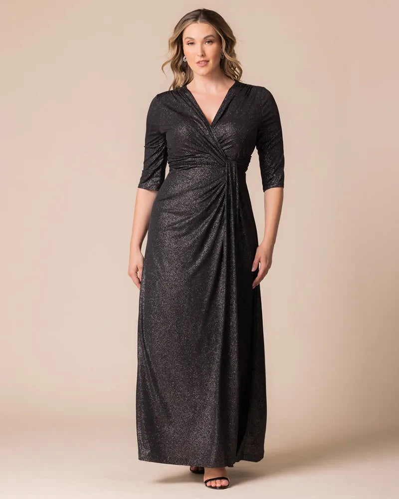 Sparkly A-Line V-Neck Half-Sleeve Open-Back Floor-Length Plus Size Dresses