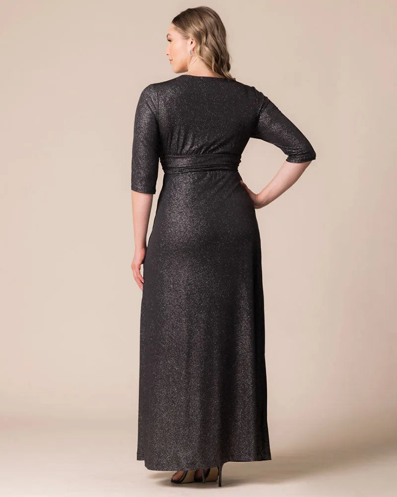 Sparkly A-Line V-Neck Half-Sleeve Open-Back Floor-Length Plus Size Dresses
