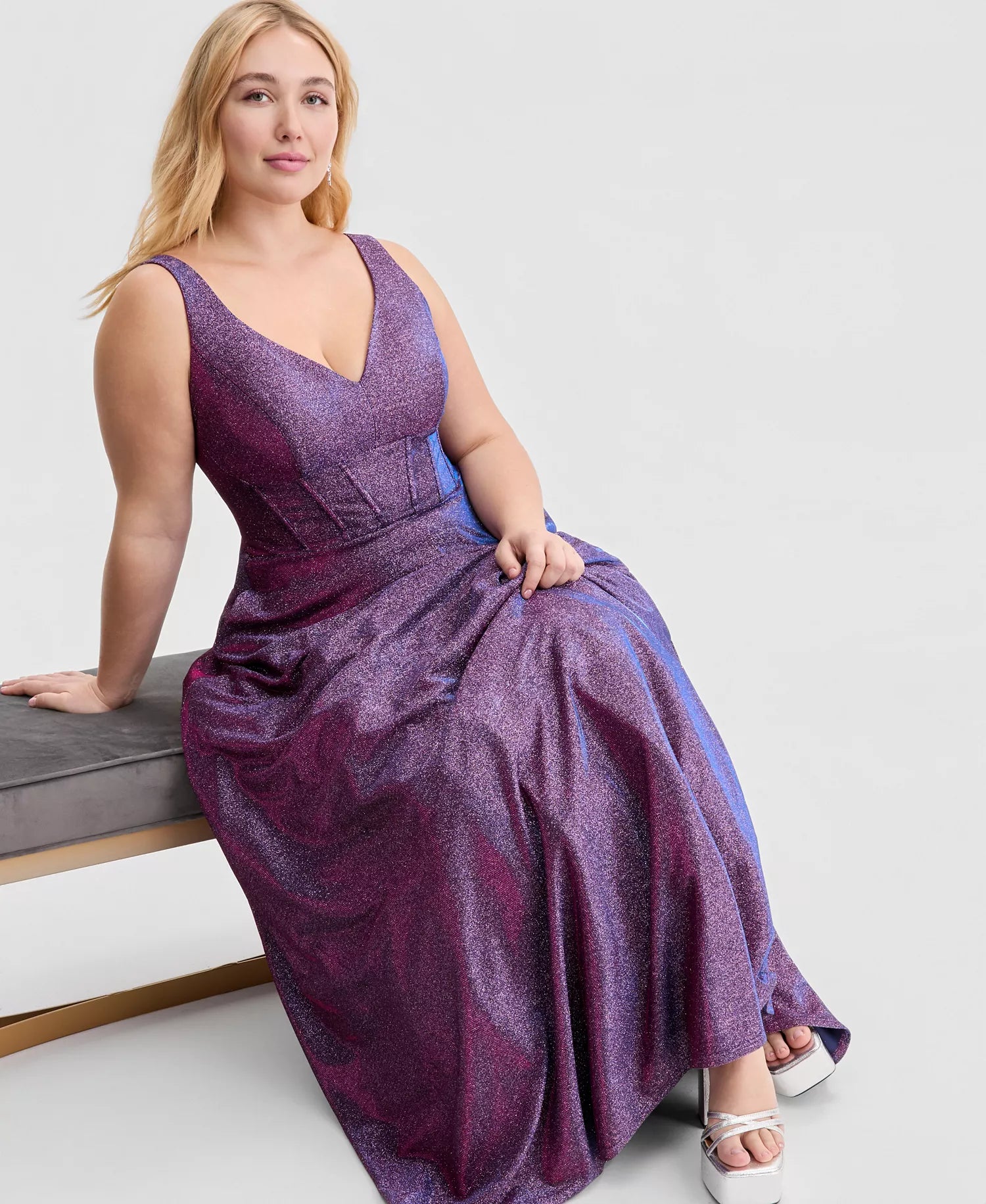 Sparkly A-Line V-Neck Sleeveless Open-Back Floor-Length Plus Size Dresses