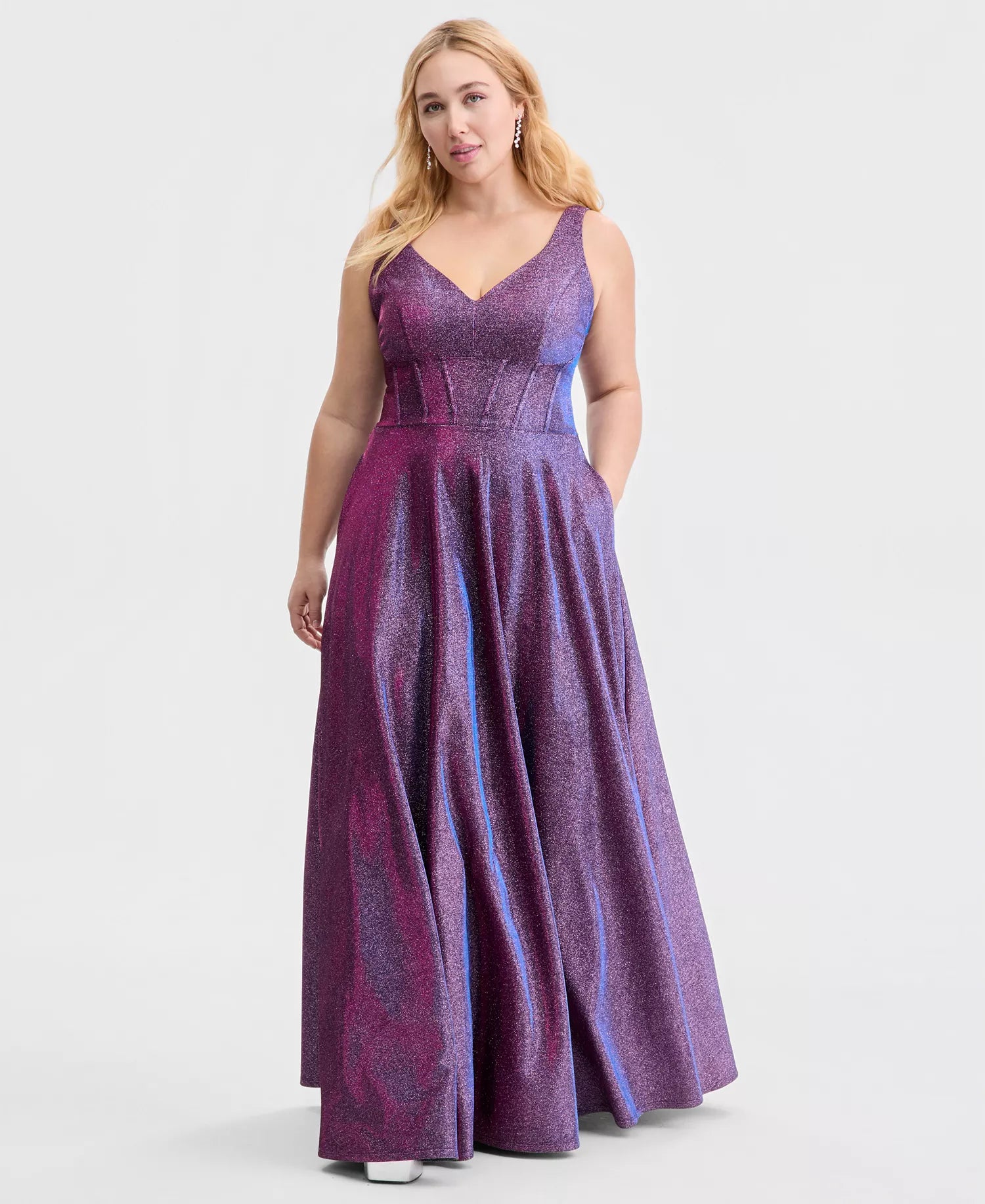 Sparkly A-Line V-Neck Sleeveless Open-Back Floor-Length Plus Size Dresses