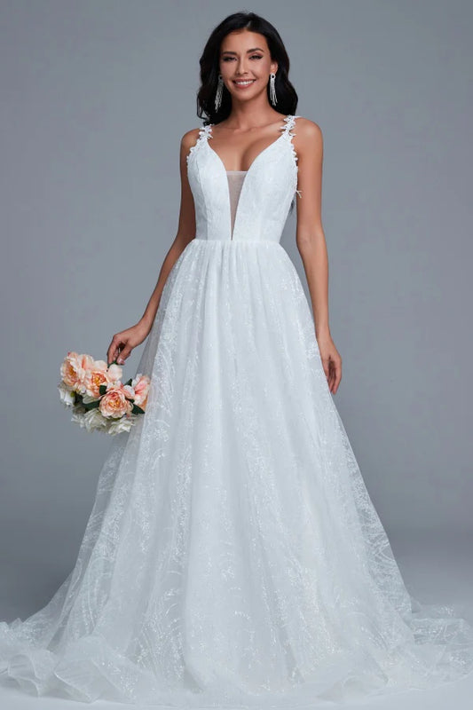 Sparkly A-Line V-Neck Spaghetti-Strap Lace-Up-Back Chapel-Train Wedding Dresses
