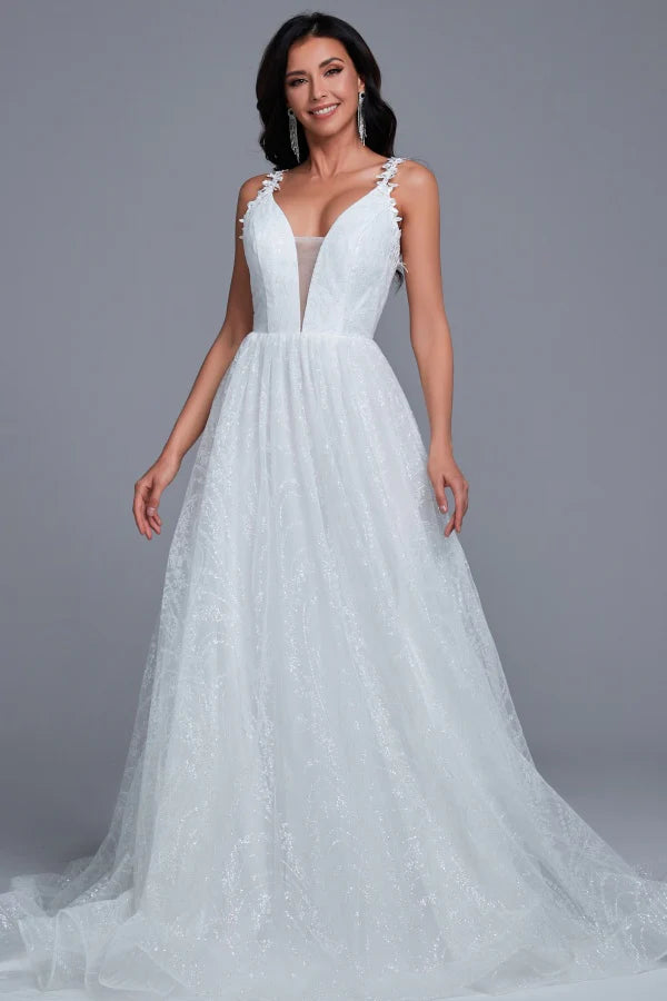 Sparkly A-Line V-Neck Spaghetti-Strap Lace-Up-Back Chapel-Train Wedding Dresses