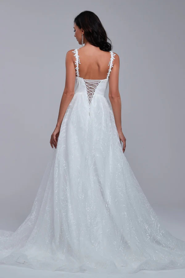 Sparkly A-Line V-Neck Spaghetti-Strap Lace-Up-Back Chapel-Train Wedding Dresses