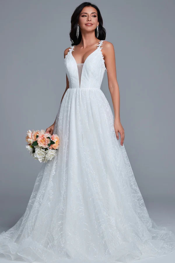 Sparkly A-Line V-Neck Spaghetti-Strap Lace-Up-Back Chapel-Train Wedding Dresses