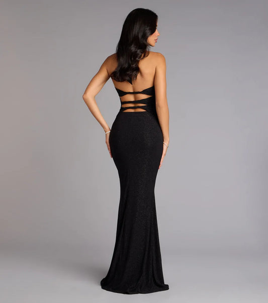 Sparkly Mermaid Halter Sleeveless Cutout-Back Floor-Length Prom Dresses