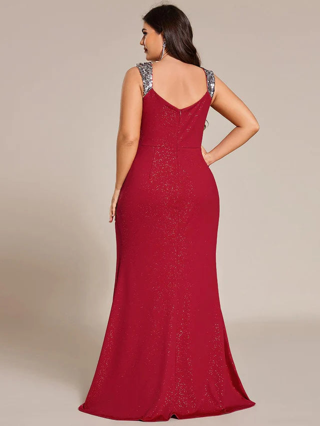Sparkly Mermaid Sweetheart Neck Sleeveless Open-Back Floor-Length Plus Size Dresses
