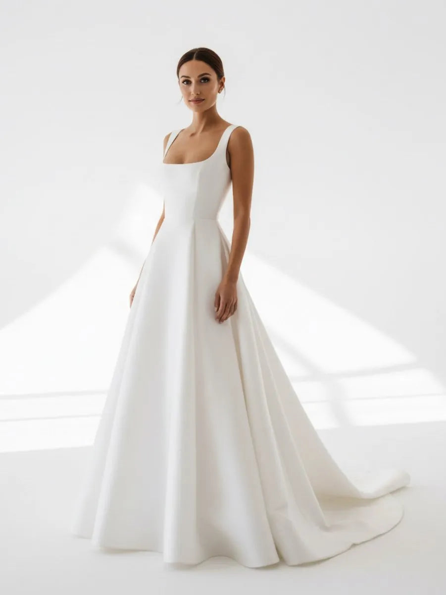 Timeless A-Line Square Neck Sleeveless V-Back Chapel-Train Wedding Dresses