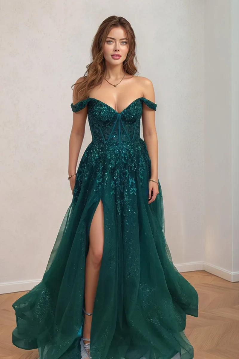 Glamorous Ball Gown Sweetheart Neck Off-The-Shoulder Lace-Up Back Floor-Length Prom Dresses